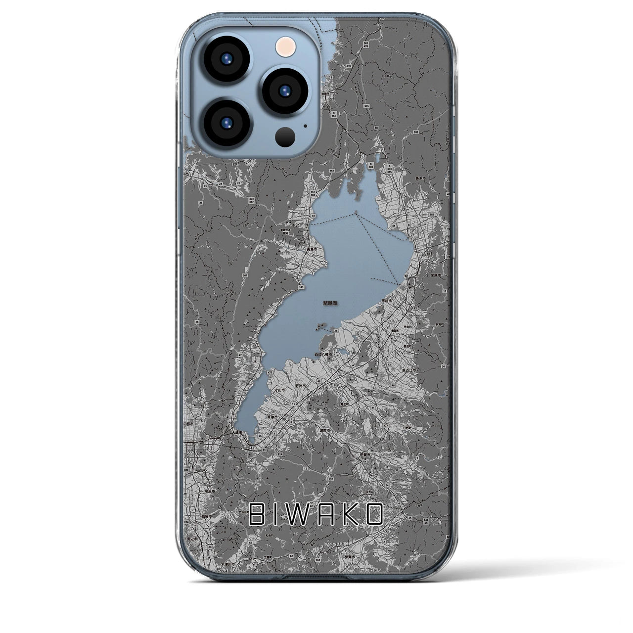 【琵琶湖2】地図柄iPhoneケース（クリアタイプ・モノトーン）iPhone 13 Pro Max 用