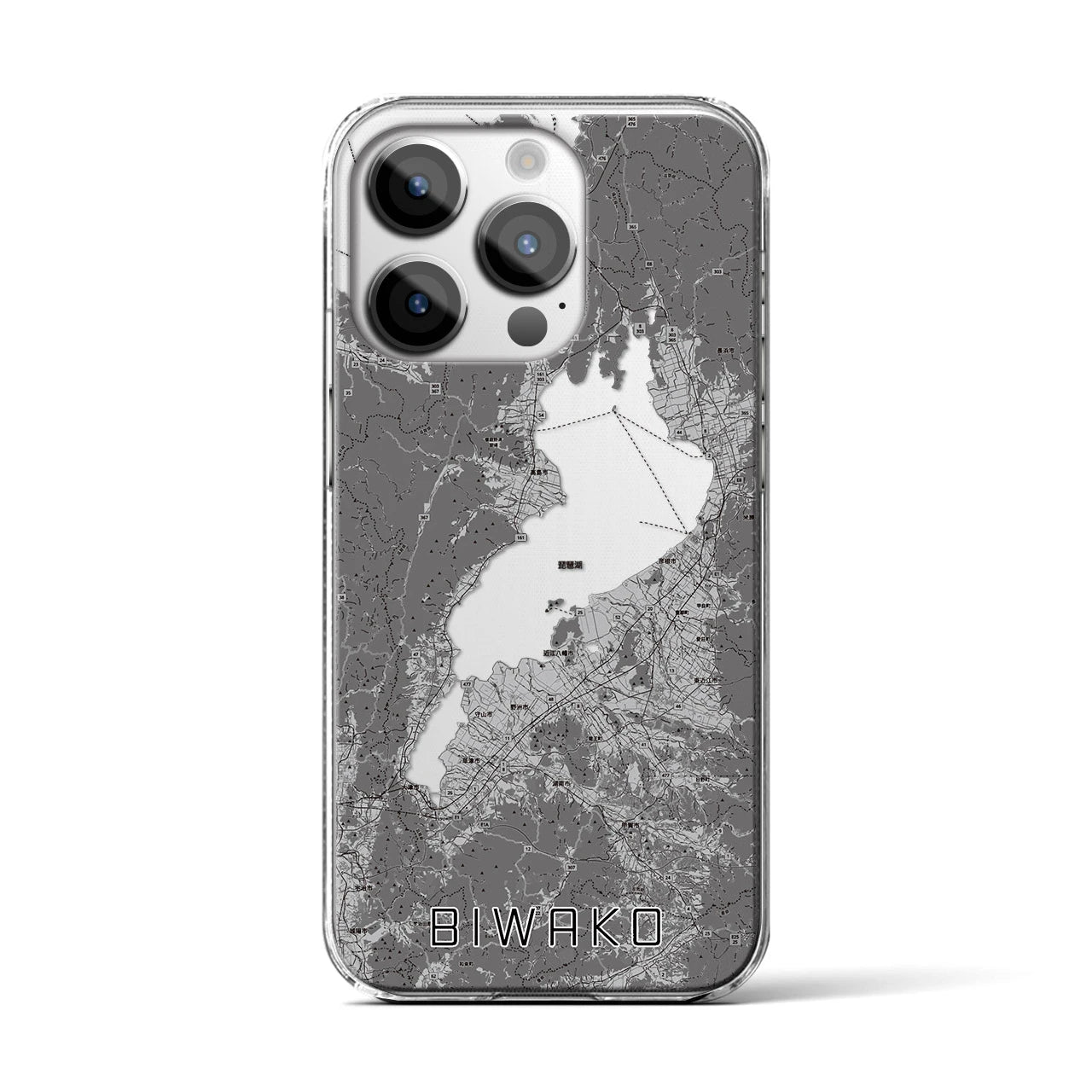 【琵琶湖2】地図柄iPhoneケース（クリアタイプ・モノトーン）iPhone 14 Pro 用