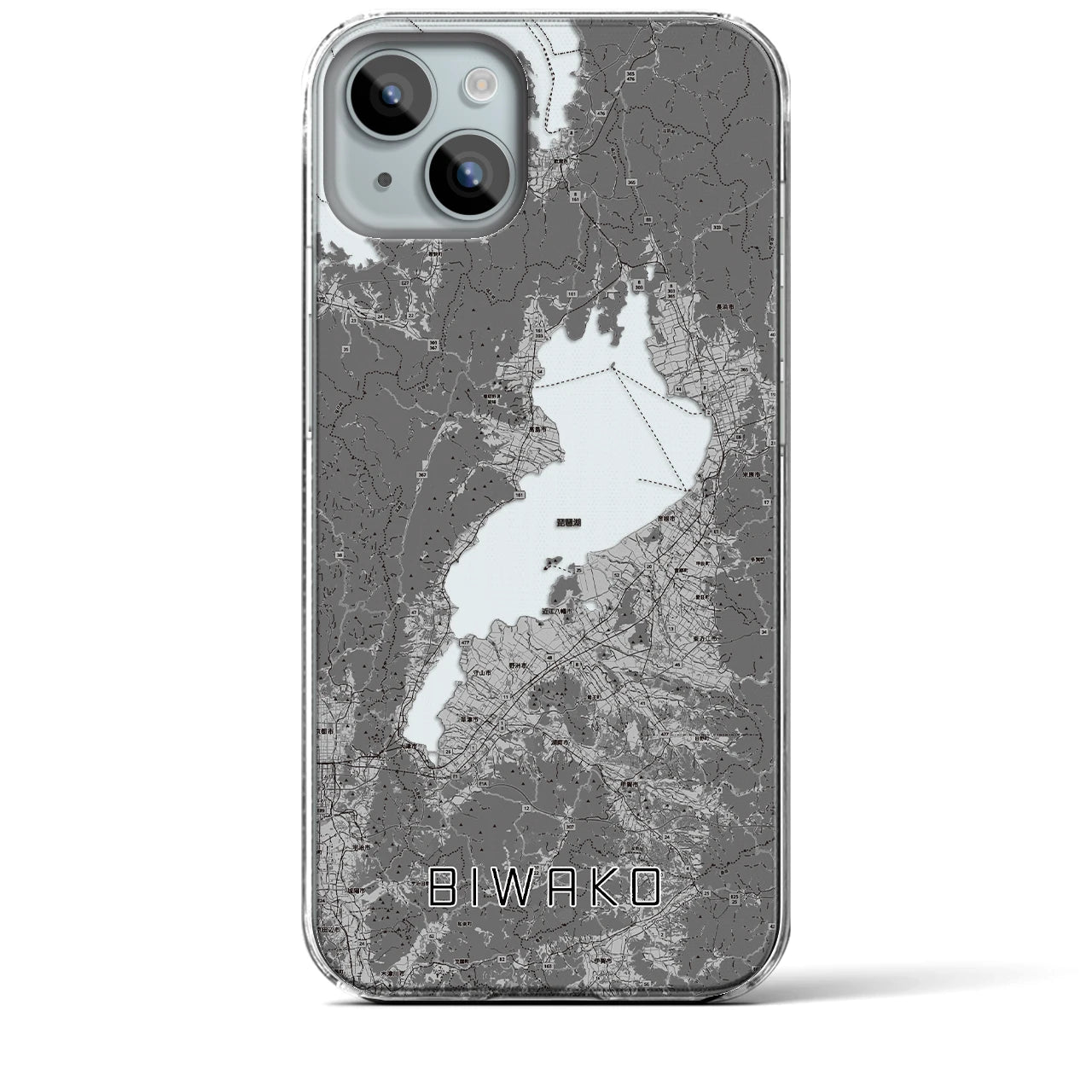 【琵琶湖2】地図柄iPhoneケース（クリアタイプ・モノトーン）iPhone 15 Plus 用