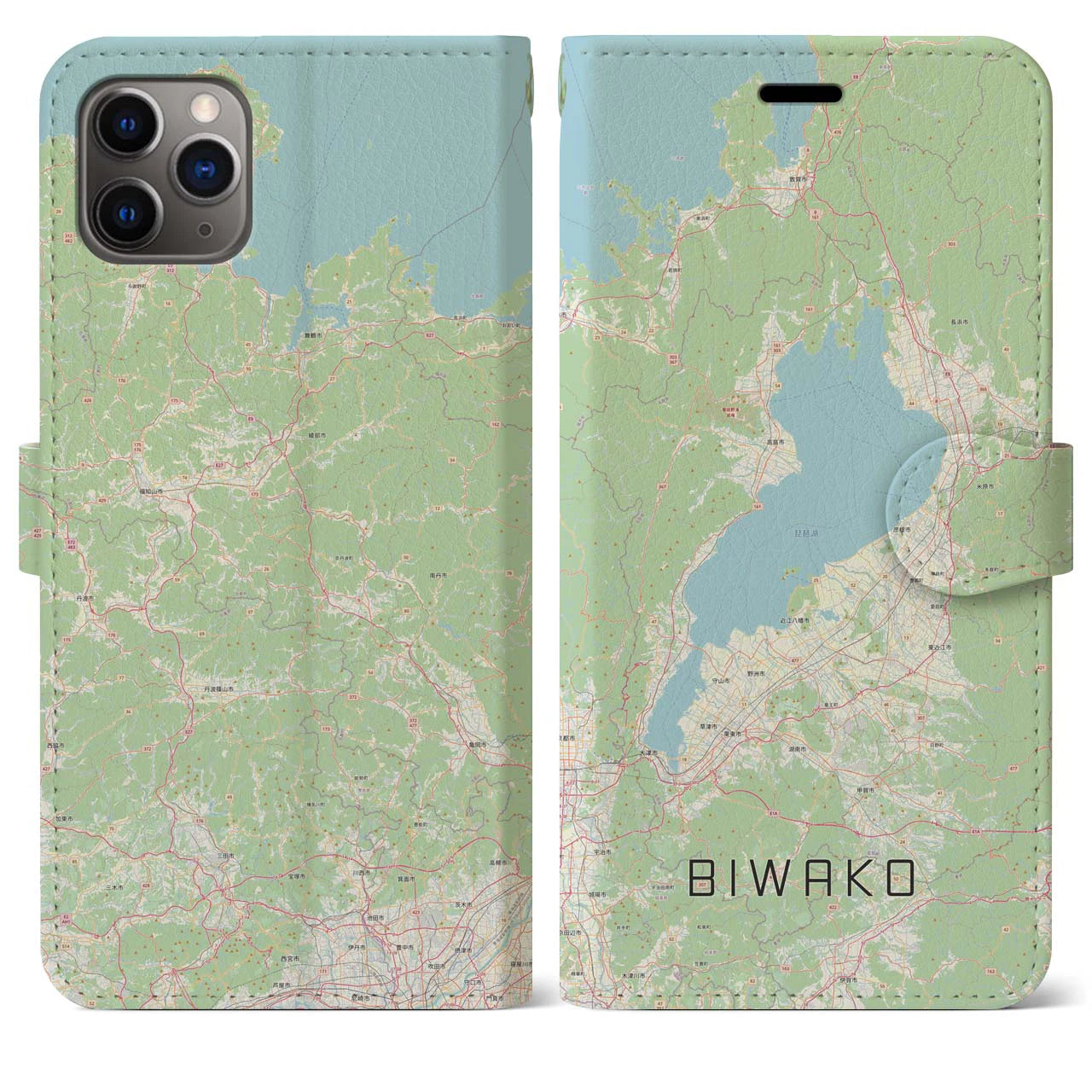 【琵琶湖2】地図柄iPhoneケース（手帳両面タイプ・ナチュラル）iPhone 11 Pro Max 用