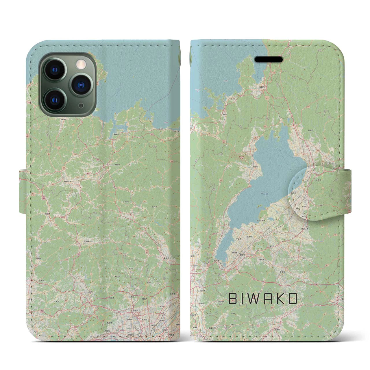 【琵琶湖2】地図柄iPhoneケース（手帳両面タイプ・ナチュラル）iPhone 11 Pro 用