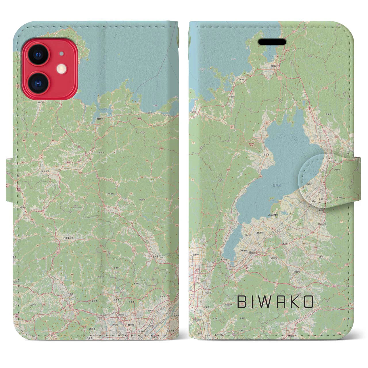 【琵琶湖2】地図柄iPhoneケース（手帳両面タイプ・ナチュラル）iPhone 11 用