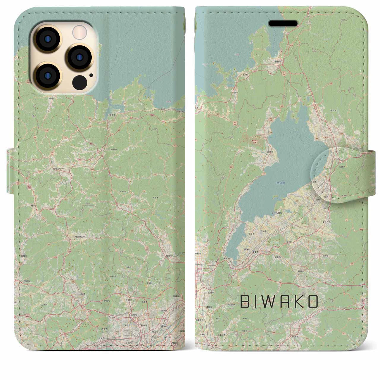 【琵琶湖2】地図柄iPhoneケース（手帳両面タイプ・ナチュラル）iPhone 12 Pro Max 用