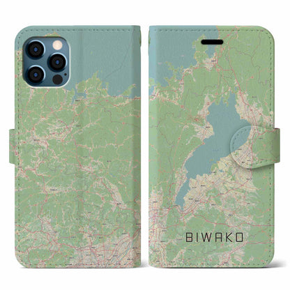 【琵琶湖2（滋賀県）】地図柄iPhoneケース（手帳タイプ）ナチュラル・iPhone 12 / 12 Pro 用