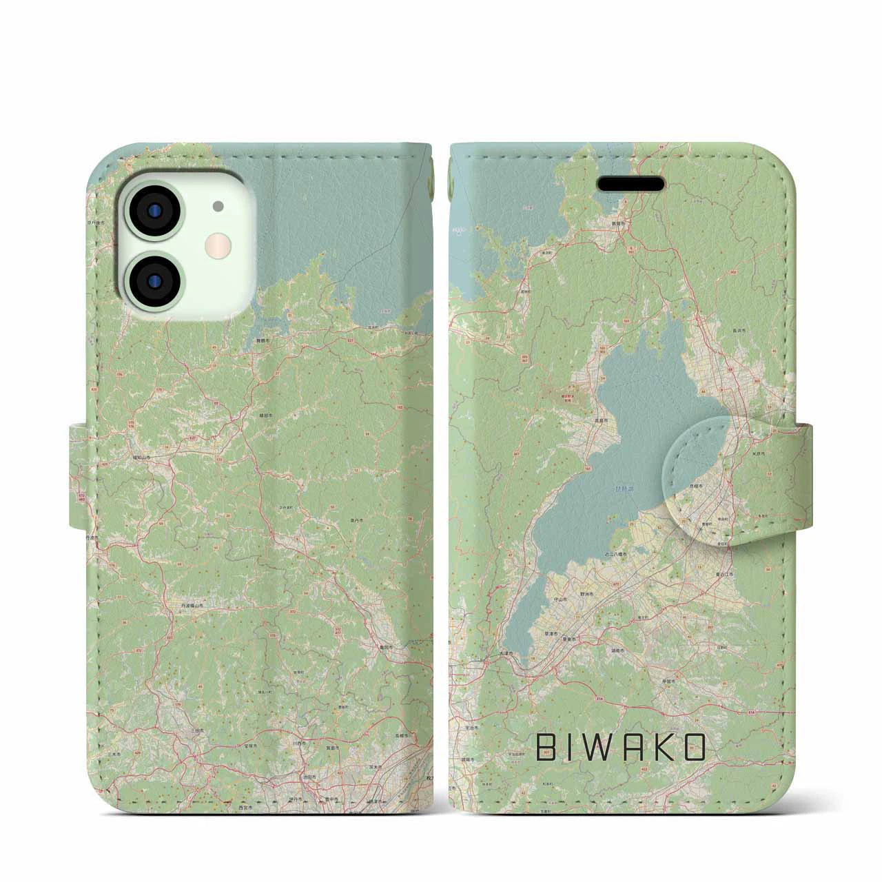 【琵琶湖2】地図柄iPhoneケース（手帳両面タイプ・ナチュラル）iPhone 12 mini 用
