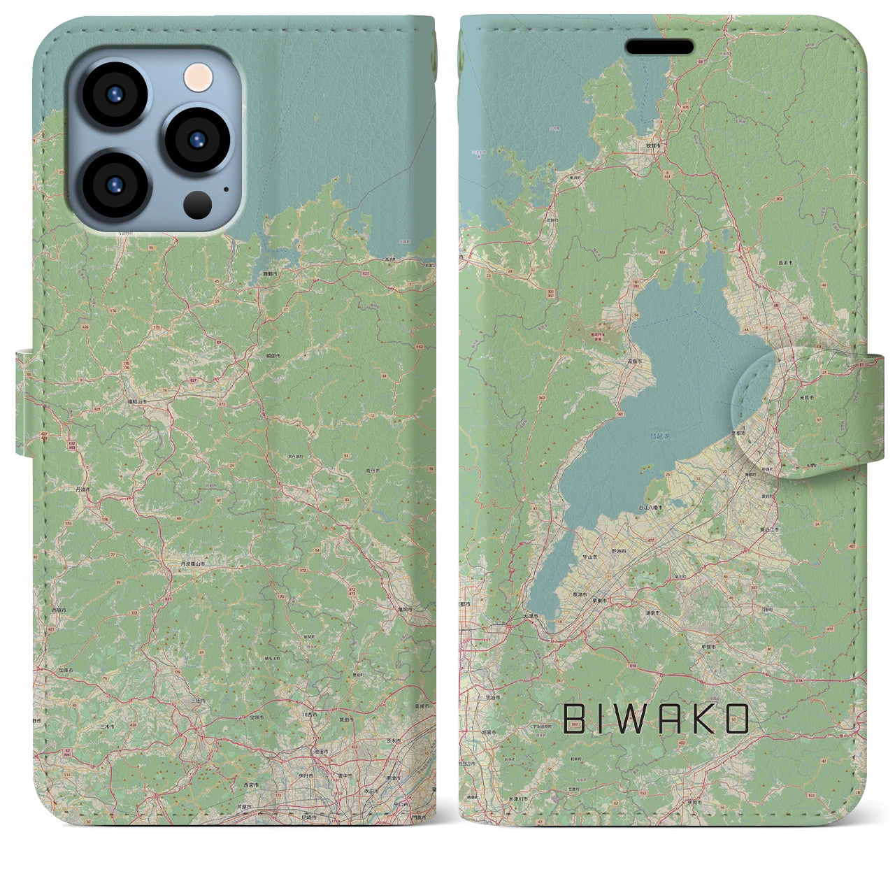 【琵琶湖2】地図柄iPhoneケース（手帳両面タイプ・ナチュラル）iPhone 13 Pro Max 用