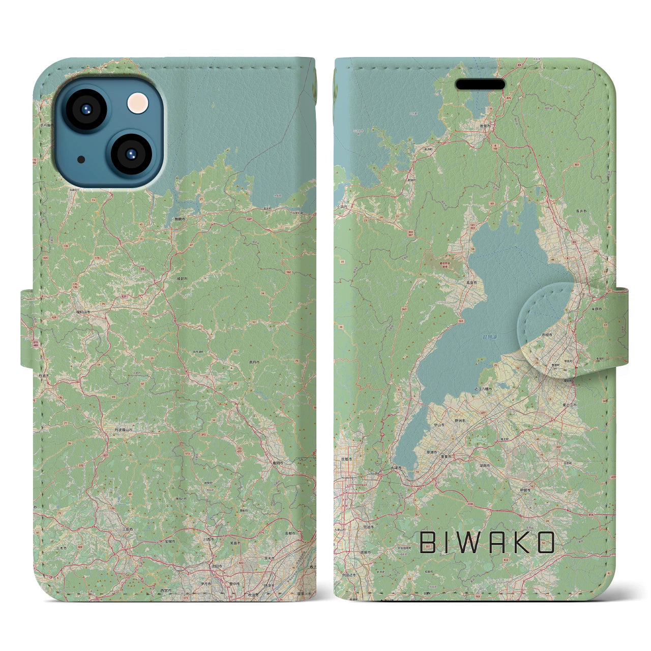 【琵琶湖2】地図柄iPhoneケース（手帳両面タイプ・ナチュラル）iPhone 13 用