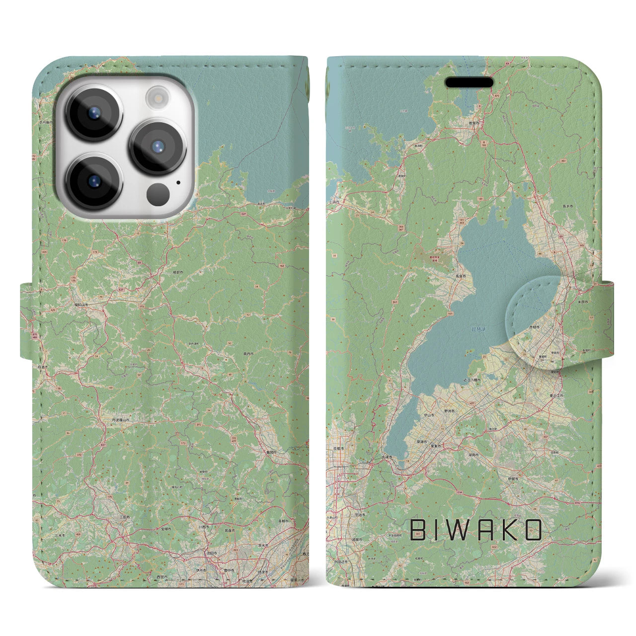 【琵琶湖2】地図柄iPhoneケース（手帳両面タイプ・ナチュラル）iPhone 14 Pro 用