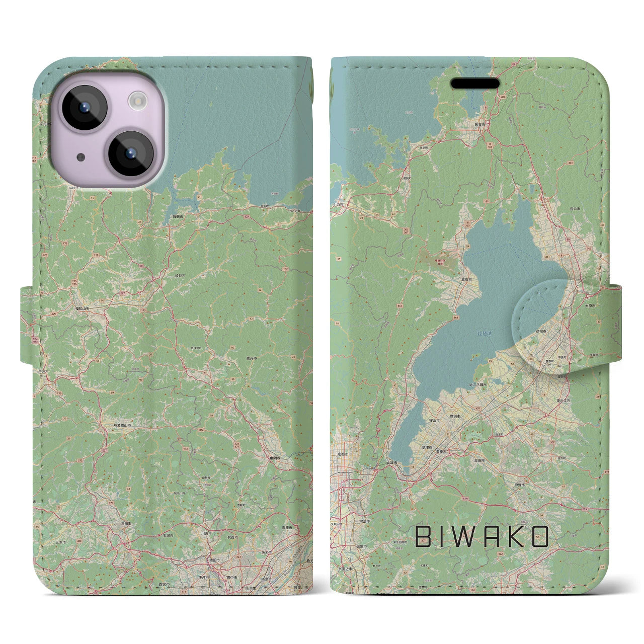 【琵琶湖2】地図柄iPhoneケース（手帳両面タイプ・ナチュラル）iPhone 14 用