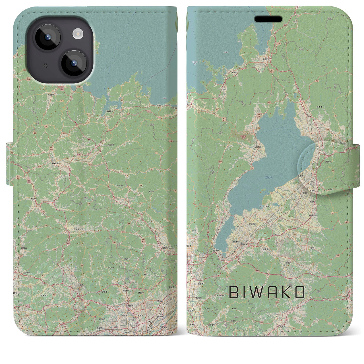 【琵琶湖2】地図柄iPhoneケース（手帳両面タイプ・ナチュラル）iPhone 14 Plus 用