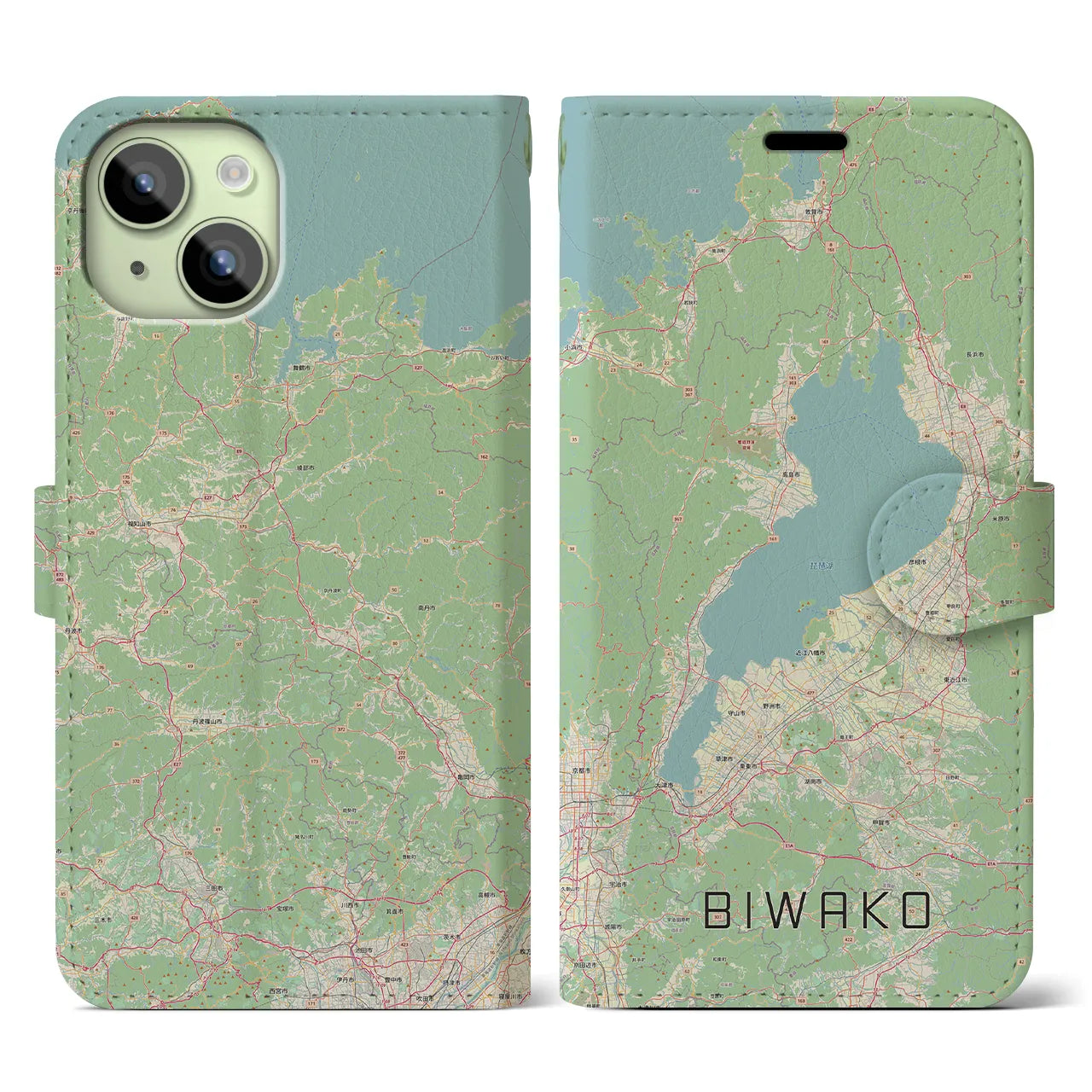 【琵琶湖2】地図柄iPhoneケース（手帳両面タイプ・ナチュラル）iPhone 15 用