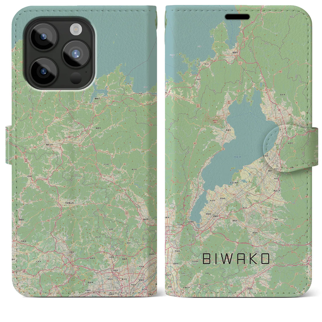 【琵琶湖2】地図柄iPhoneケース（手帳両面タイプ・ナチュラル）iPhone 15 Pro Max 用