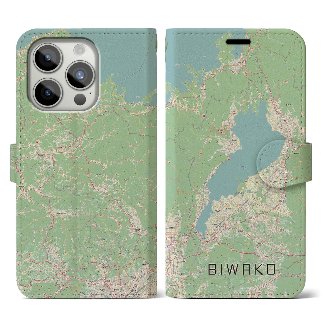 【琵琶湖2】地図柄iPhoneケース（手帳両面タイプ・ナチュラル）iPhone 15 Pro 用