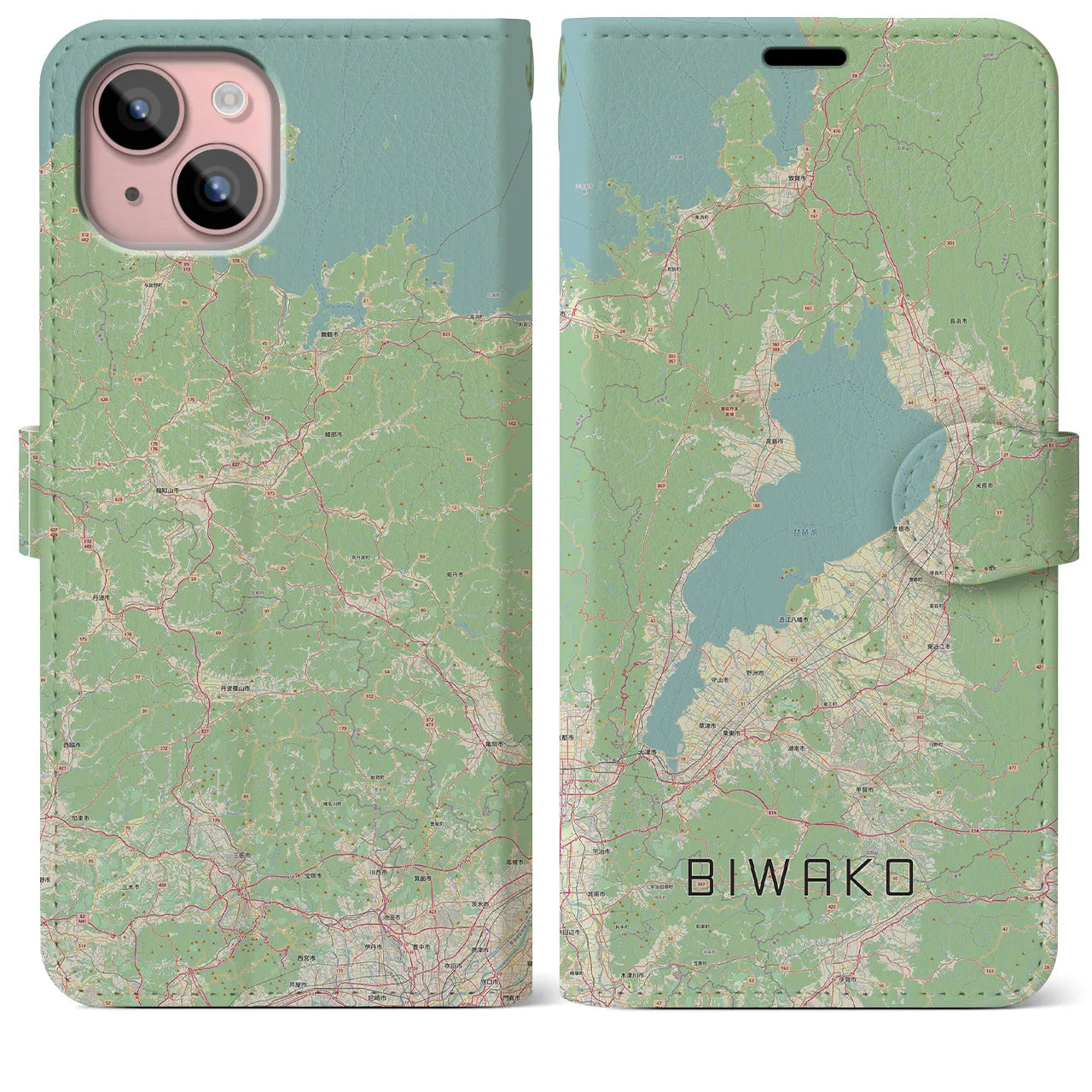 【琵琶湖2】地図柄iPhoneケース（手帳両面タイプ・ナチュラル）iPhone 15 Plus 用