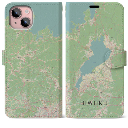 【琵琶湖2（滋賀県）】地図柄iPhoneケース（手帳タイプ）ナチュラル・iPhone 15 Plus 用