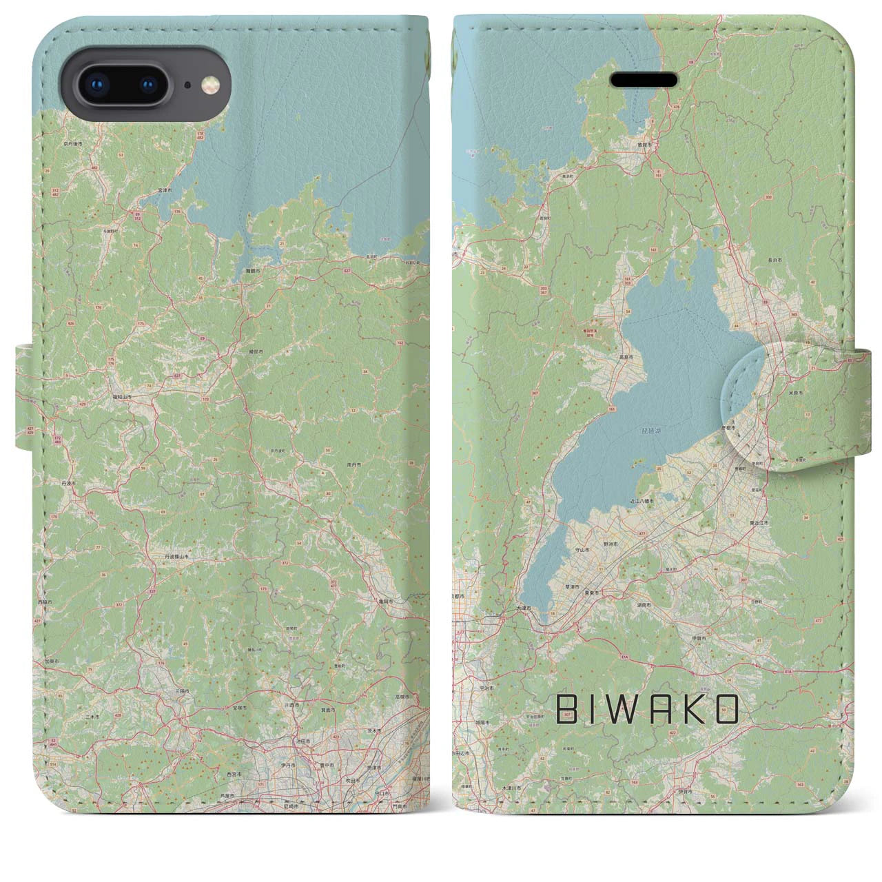 【琵琶湖2】地図柄iPhoneケース（手帳両面タイプ・ナチュラル）iPhone 8Plus /7Plus / 6sPlus / 6Plus 用