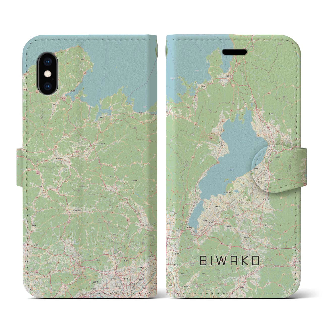 【琵琶湖2】地図柄iPhoneケース（手帳両面タイプ・ナチュラル）iPhone XS / X 用
