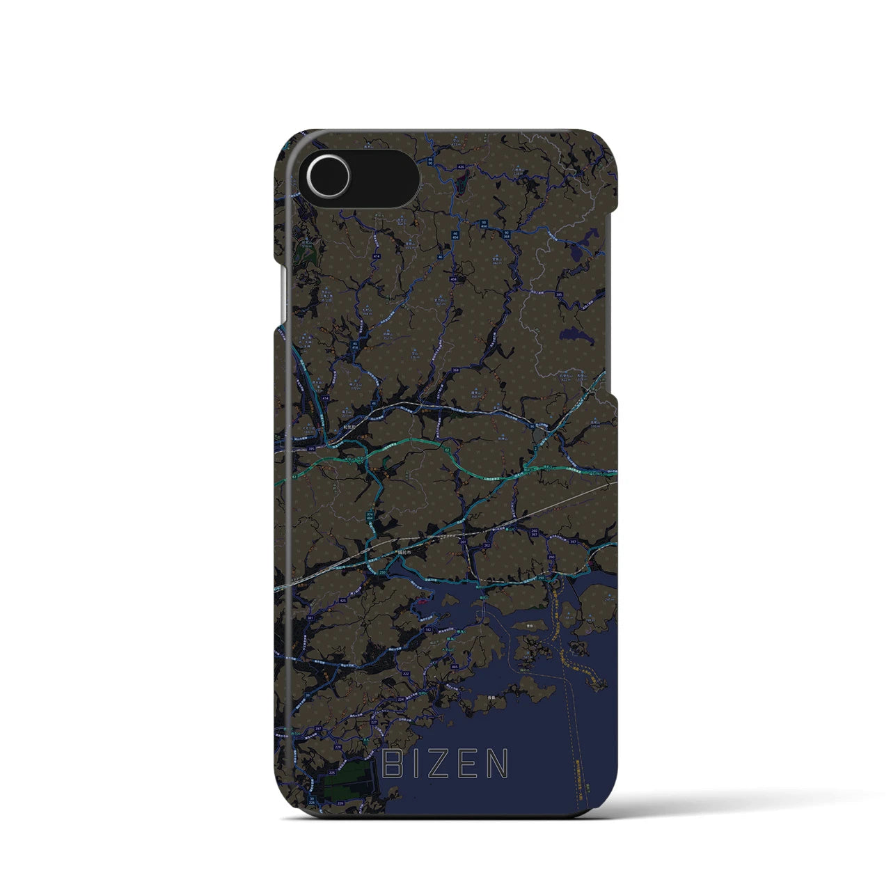 【備前】地図柄iPhoneケース（バックカバータイプ・ブラック）iPhone SE（第3 / 第2世代） / 8 / 7 / 6s / 6 用
