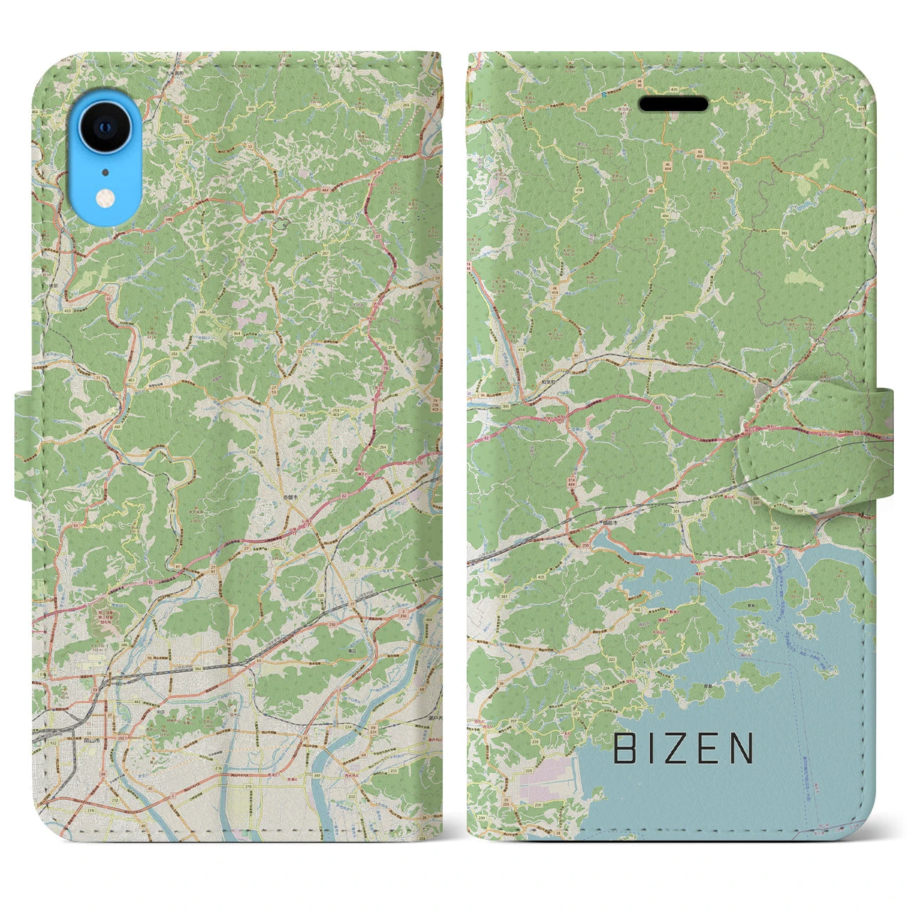 【備前】地図柄iPhoneケース（手帳両面タイプ・ナチュラル）iPhone XR 用