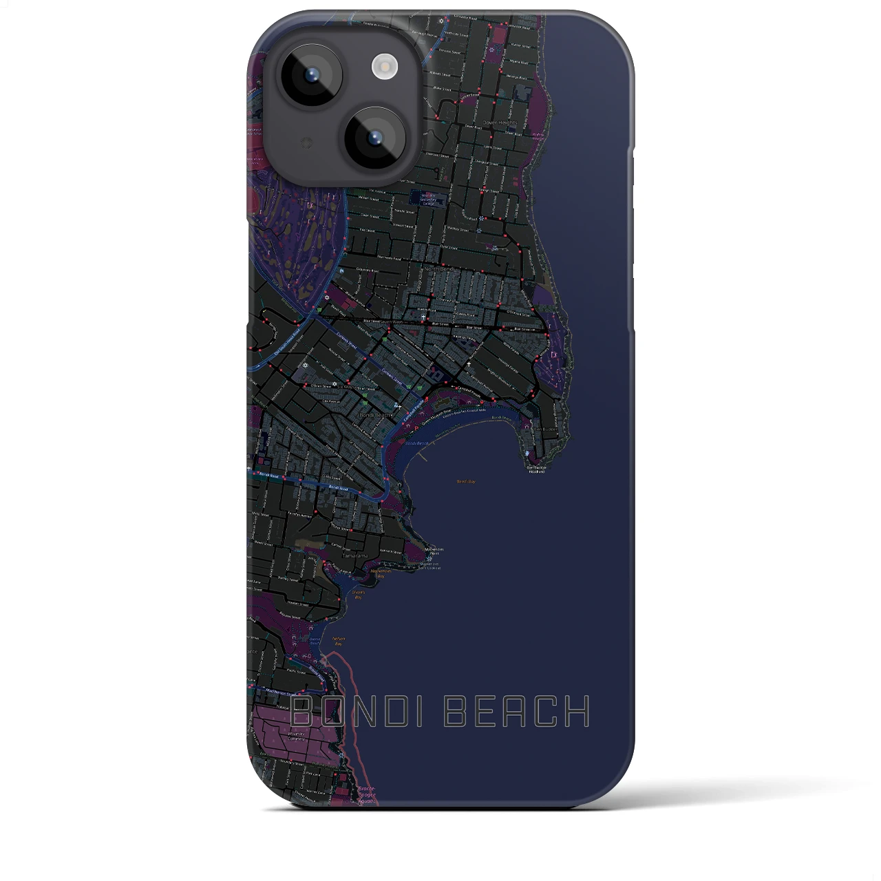 【ボンダイビーチ】地図柄iPhoneケース（バックカバータイプ・ブラック）iPhone 14 Plus 用