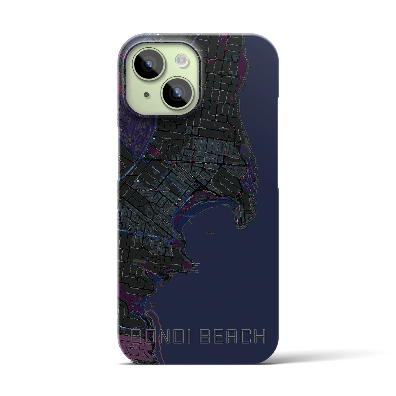 【ボンダイビーチ】地図柄iPhoneケース（バックカバータイプ・ブラック）iPhone 15 用