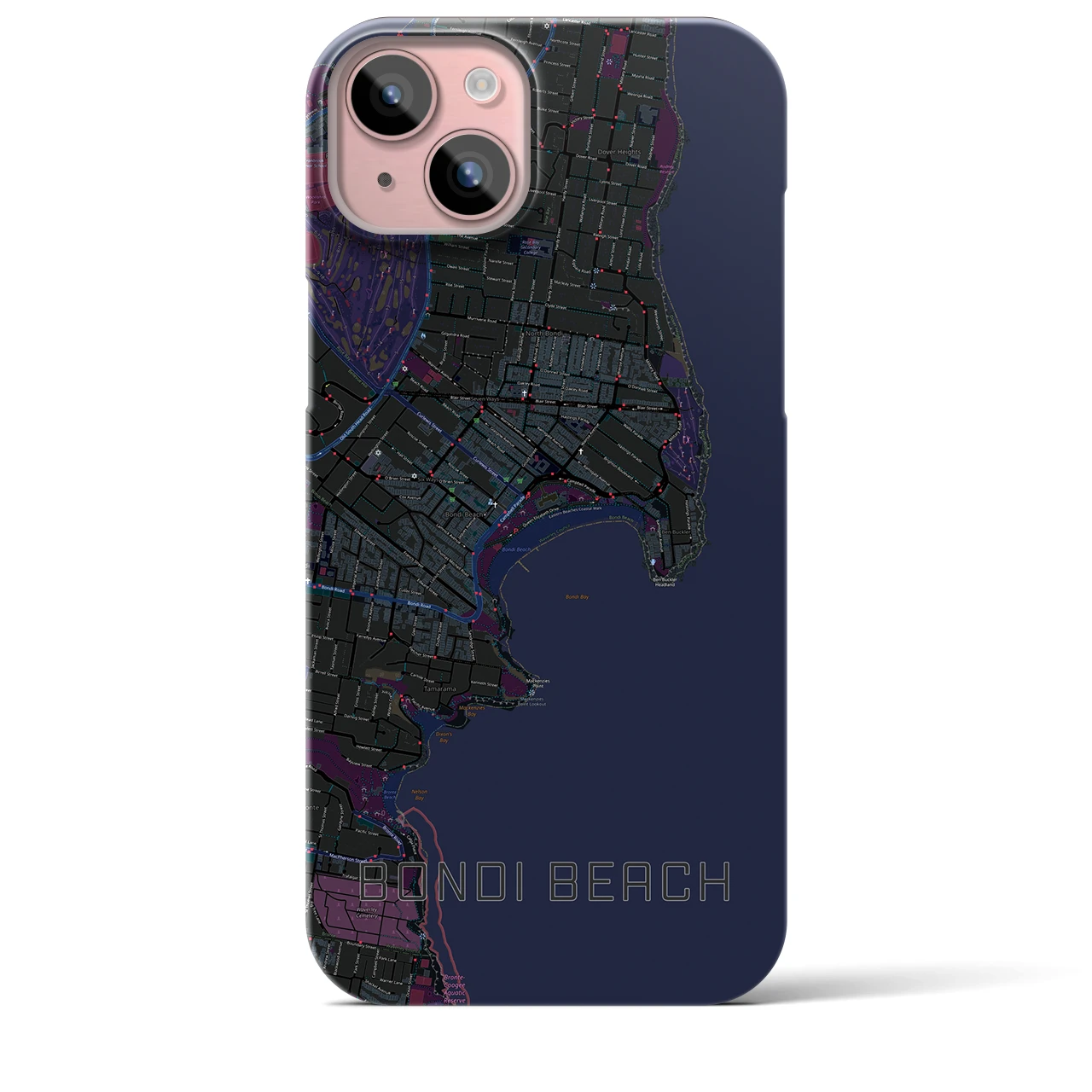【ボンダイビーチ】地図柄iPhoneケース（バックカバータイプ・ブラック）iPhone 15 Plus 用