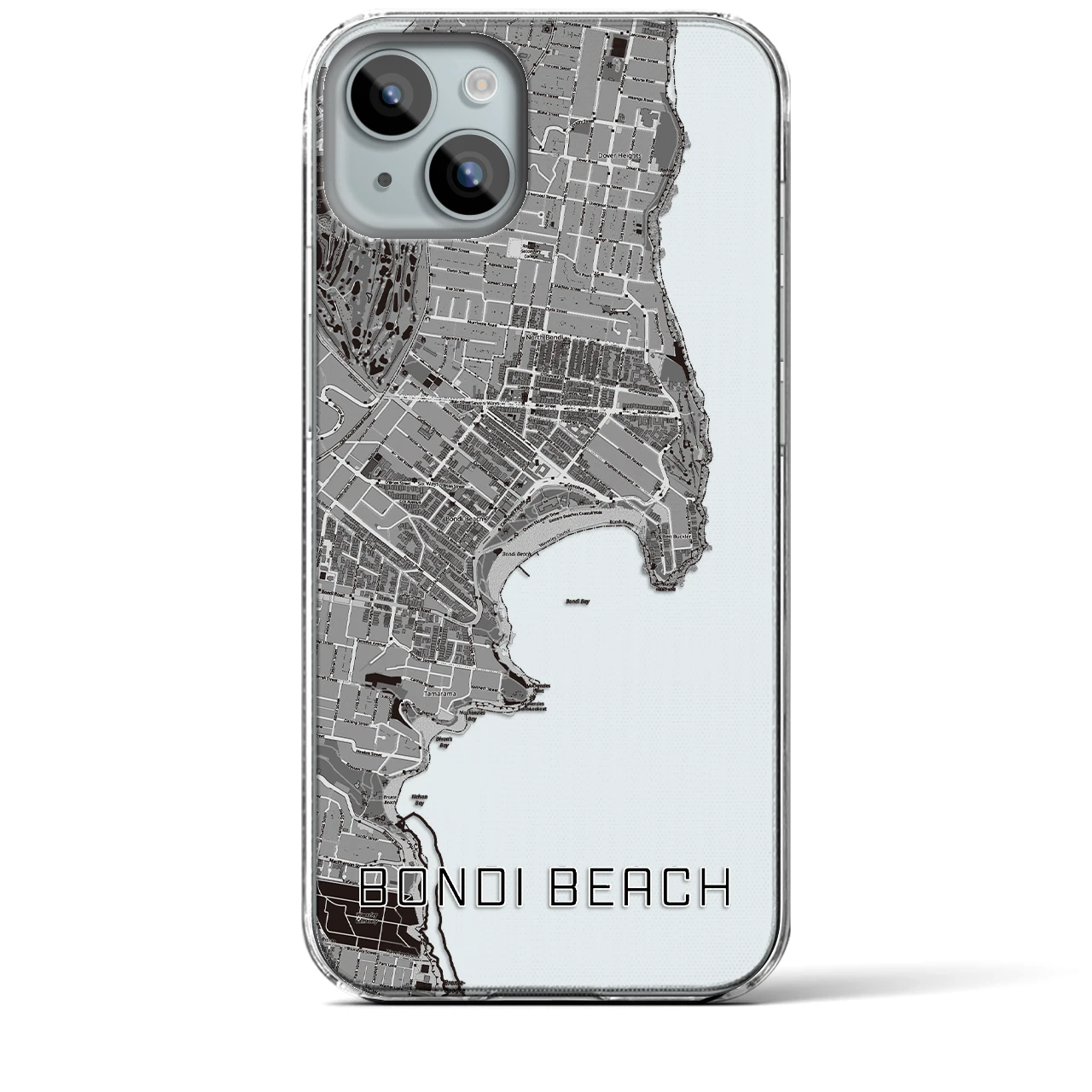 【ボンダイビーチ】地図柄iPhoneケース（クリアタイプ・モノトーン）iPhone 15 Plus 用
