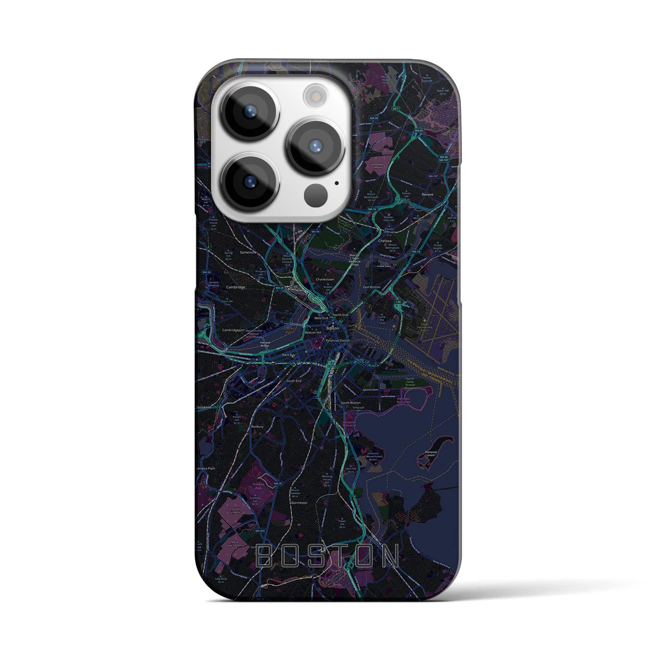 【ボストン】地図柄iPhoneケース（バックカバータイプ・ブラック）iPhone 14 Pro 用