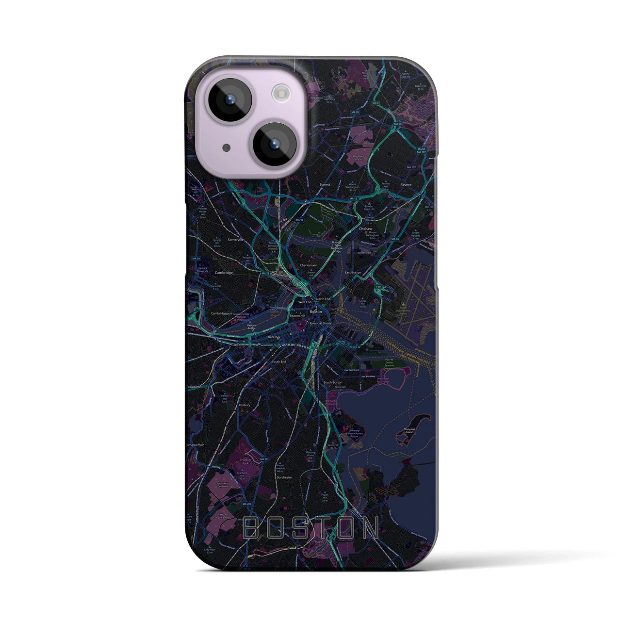 【ボストン】地図柄iPhoneケース（バックカバータイプ・ブラック）iPhone 14 用