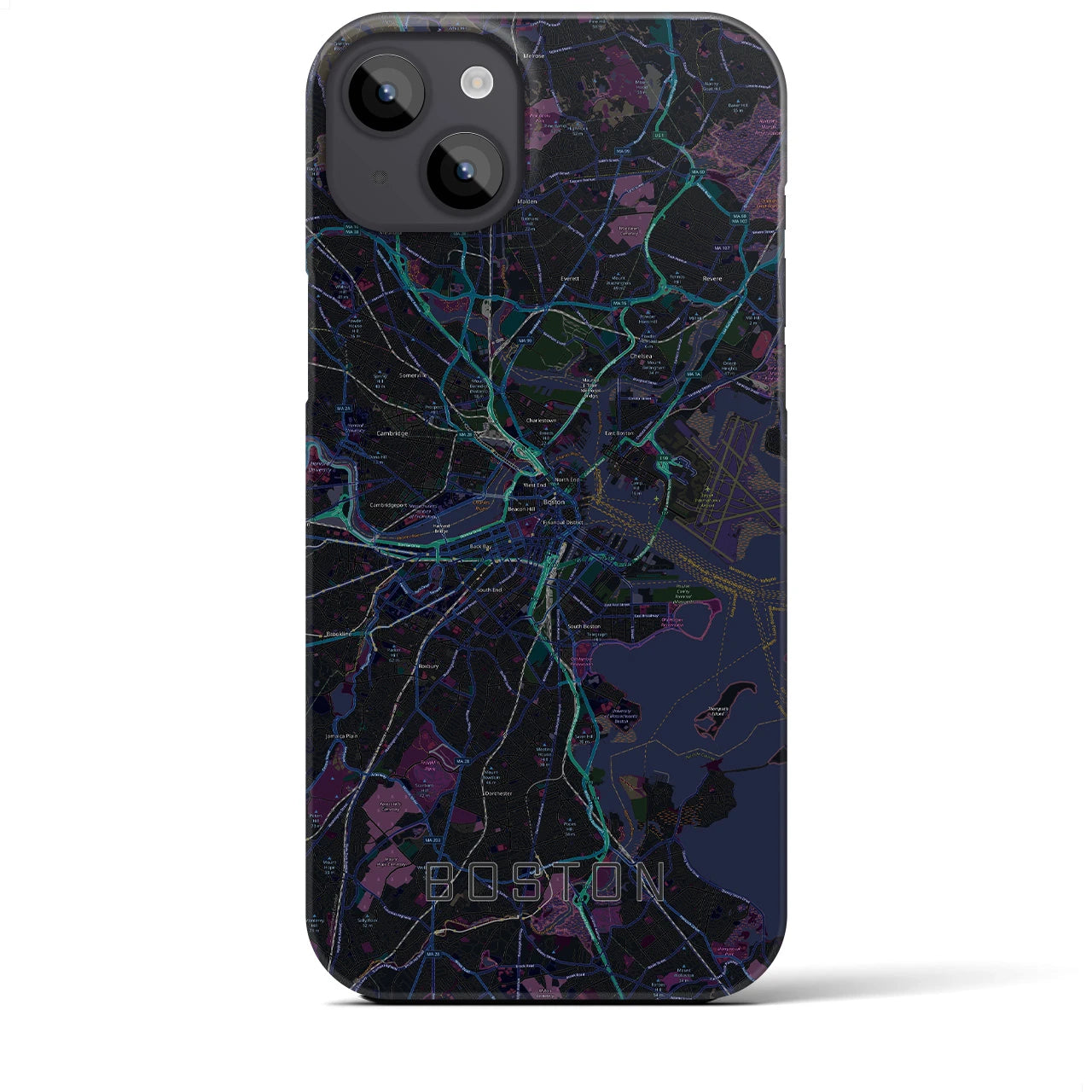 【ボストン】地図柄iPhoneケース（バックカバータイプ・ブラック）iPhone 14 Plus 用