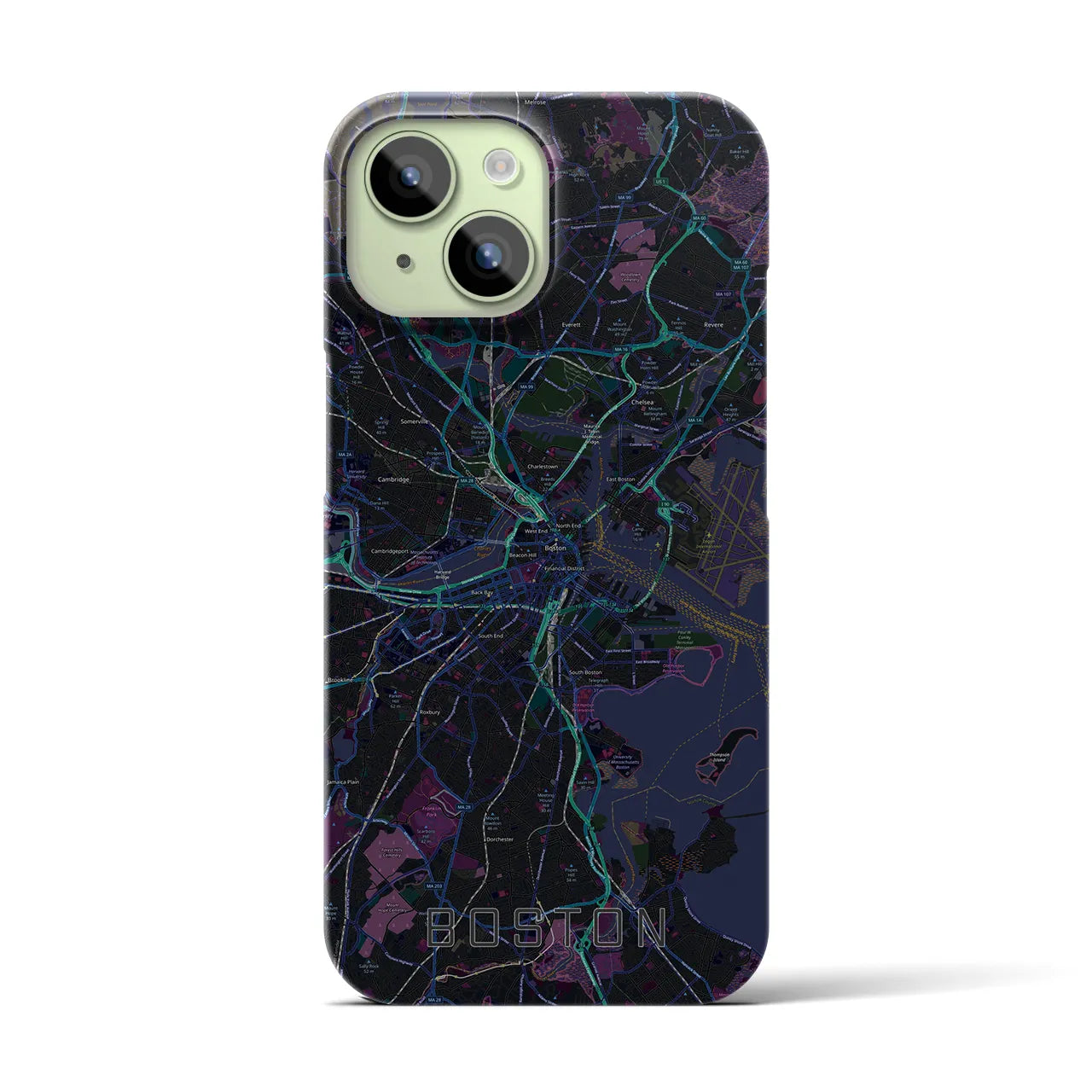 【ボストン】地図柄iPhoneケース（バックカバータイプ・ブラック）iPhone 15 用