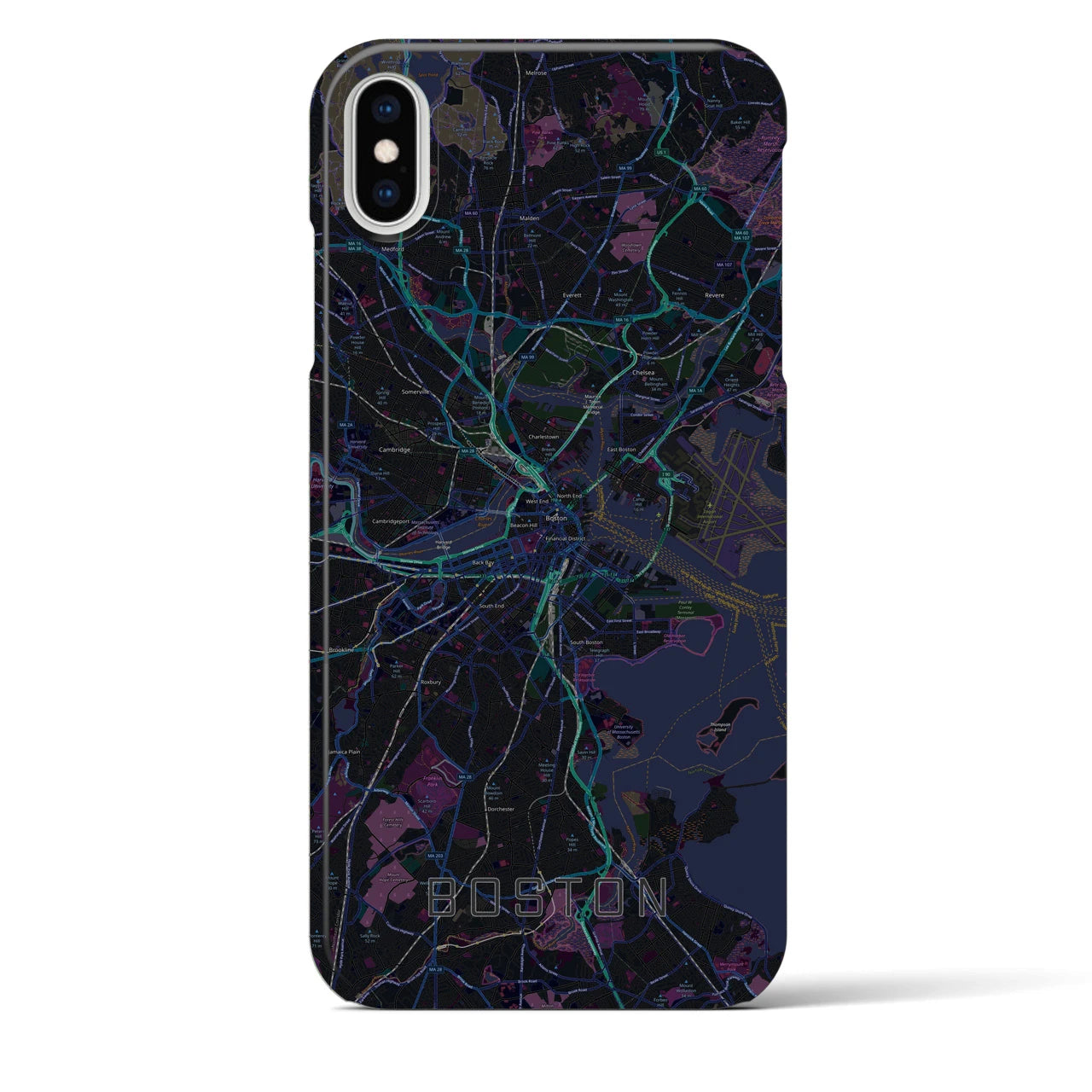 【ボストン】地図柄iPhoneケース（バックカバータイプ・ブラック）iPhone XS Max 用