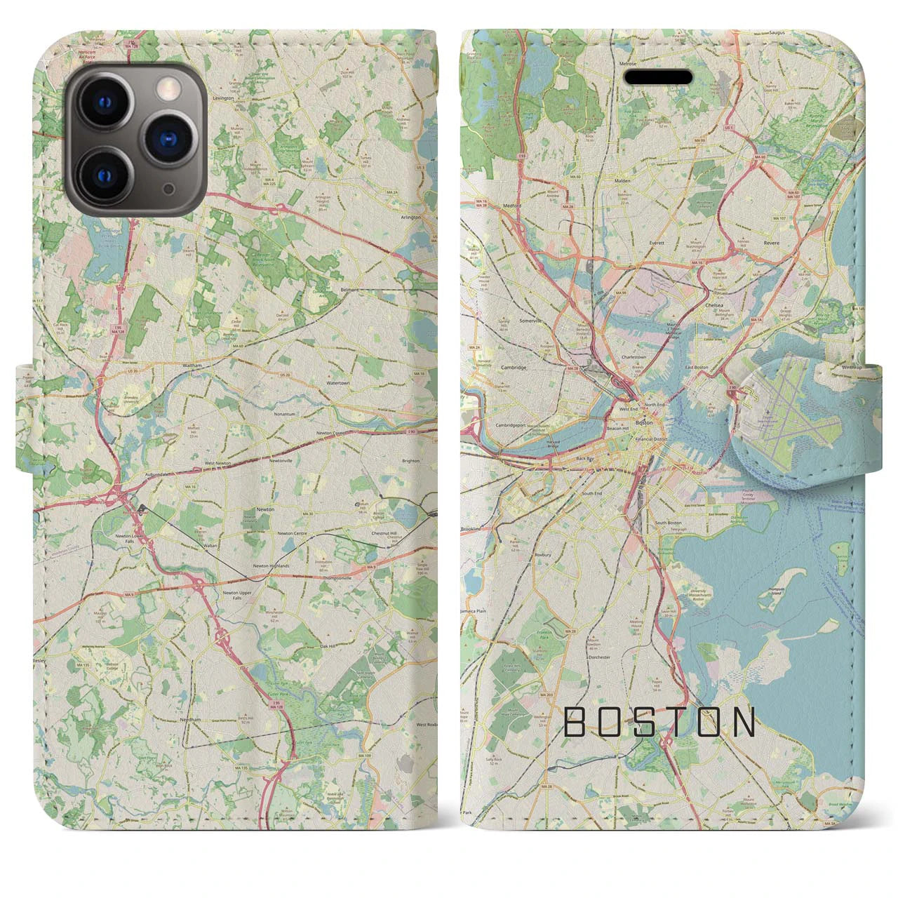 【ボストン】地図柄iPhoneケース（手帳両面タイプ・ナチュラル）iPhone 11 Pro Max 用