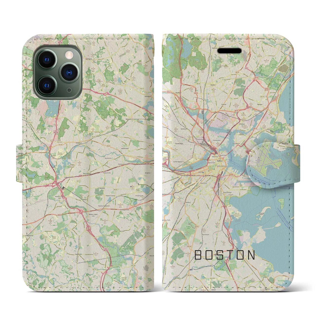 【ボストン】地図柄iPhoneケース（手帳両面タイプ・ナチュラル）iPhone 11 Pro 用