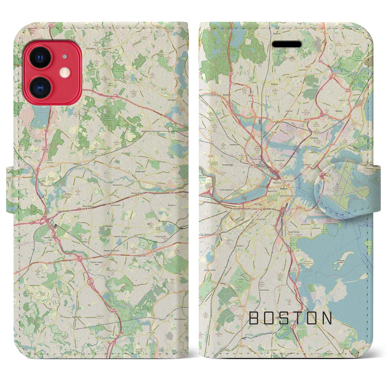 【ボストン】地図柄iPhoneケース（手帳両面タイプ・ナチュラル）iPhone 11 用