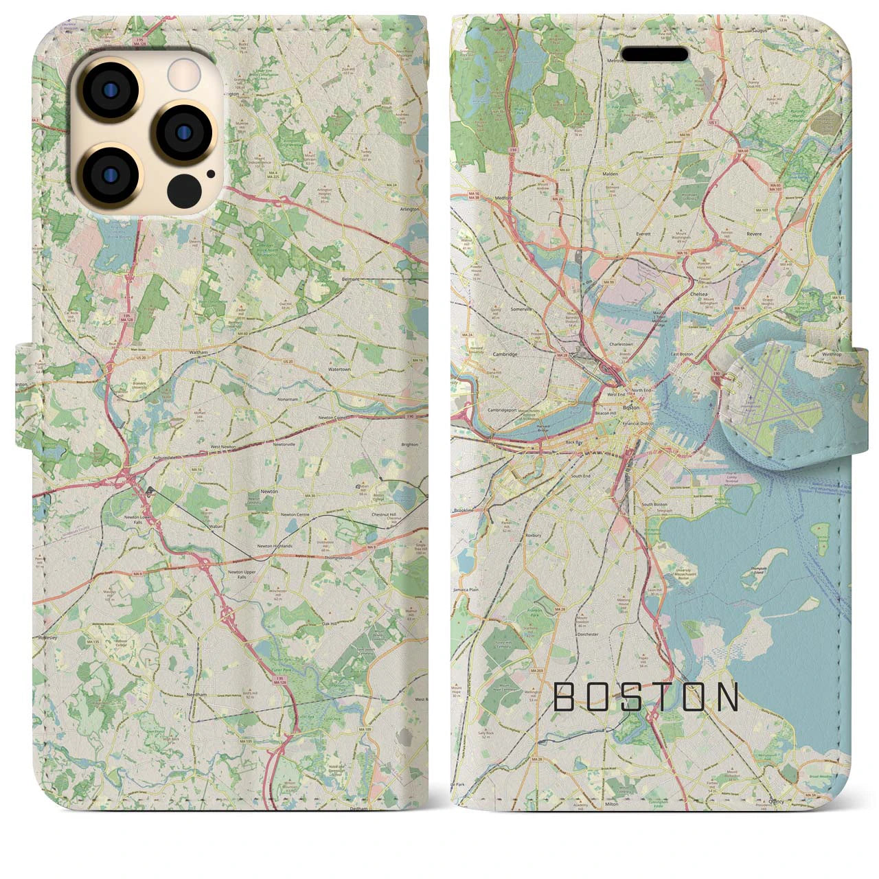 【ボストン】地図柄iPhoneケース（手帳両面タイプ・ナチュラル）iPhone 12 Pro Max 用