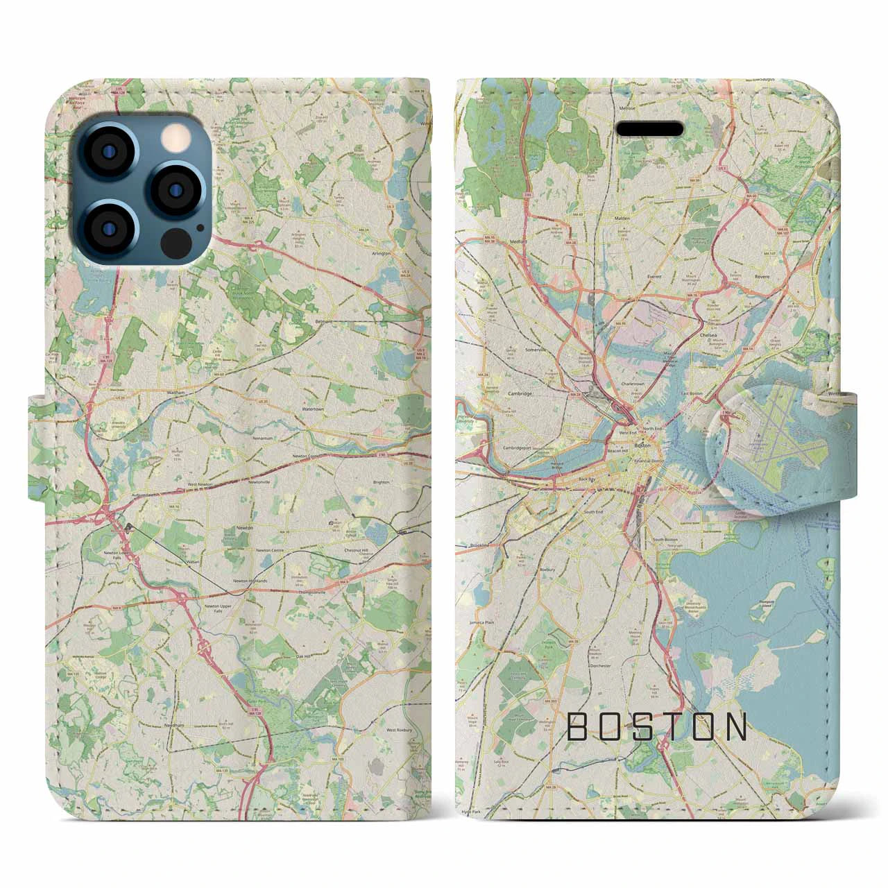 【ボストン】地図柄iPhoneケース（手帳両面タイプ・ナチュラル）iPhone 12 / 12 Pro 用