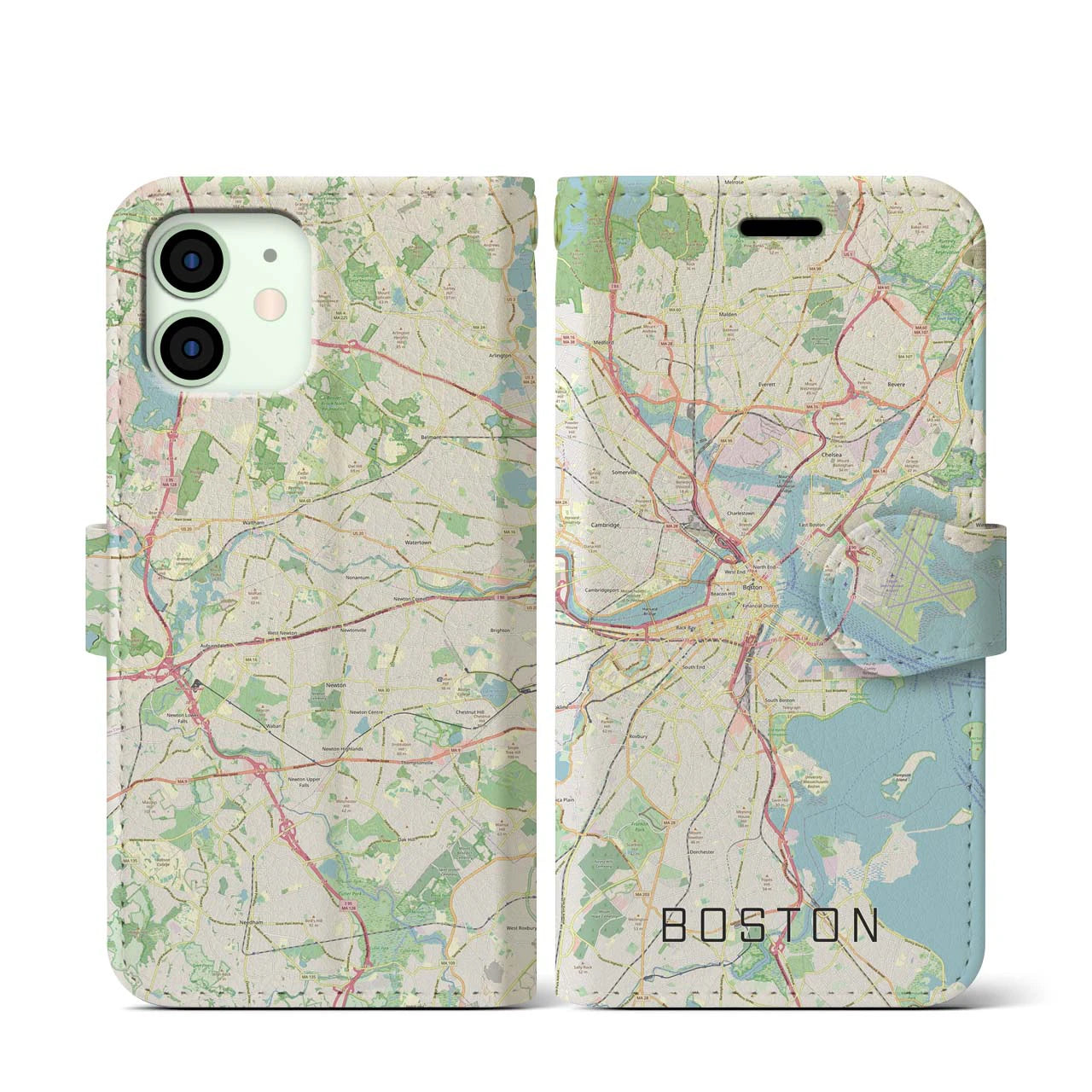 【ボストン】地図柄iPhoneケース（手帳両面タイプ・ナチュラル）iPhone 12 mini 用