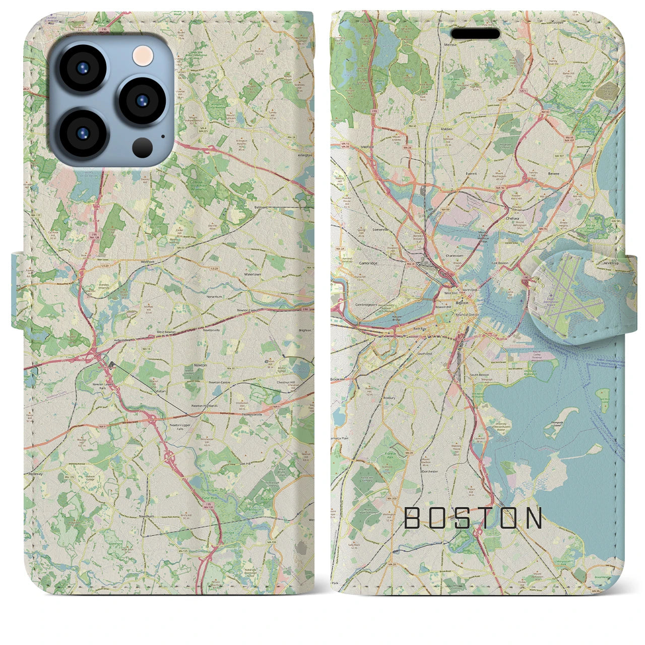 【ボストン】地図柄iPhoneケース（手帳両面タイプ・ナチュラル）iPhone 13 Pro Max 用