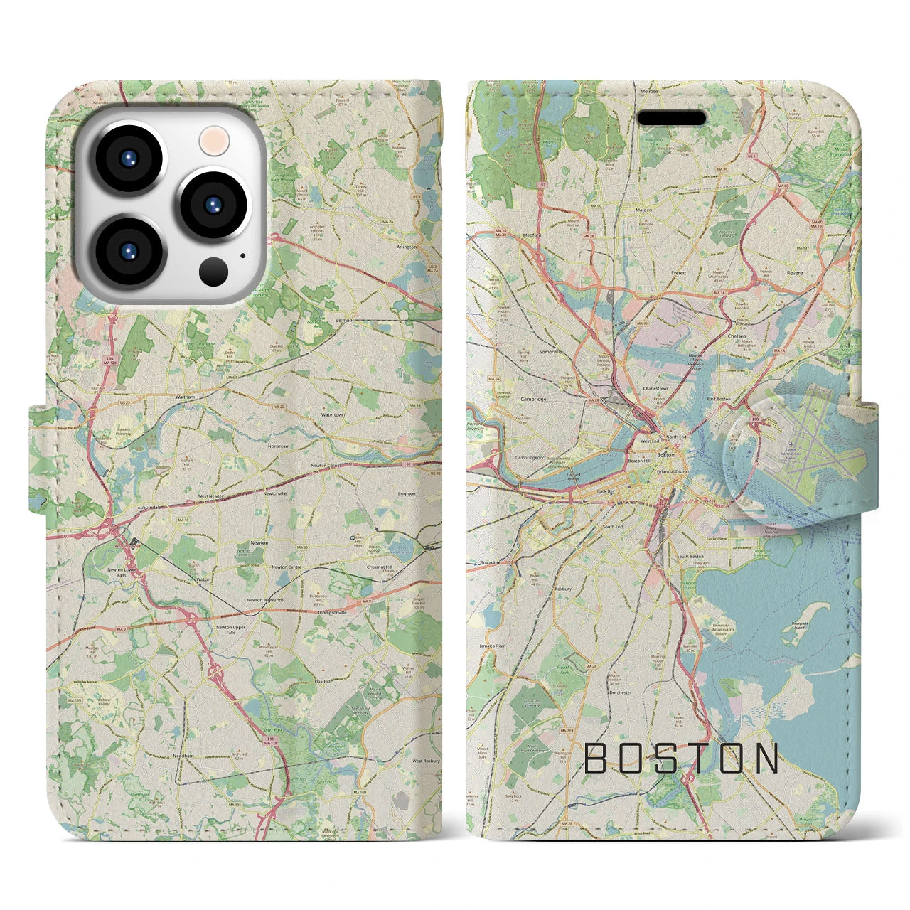 【ボストン】地図柄iPhoneケース（手帳両面タイプ・ナチュラル）iPhone 13 Pro 用