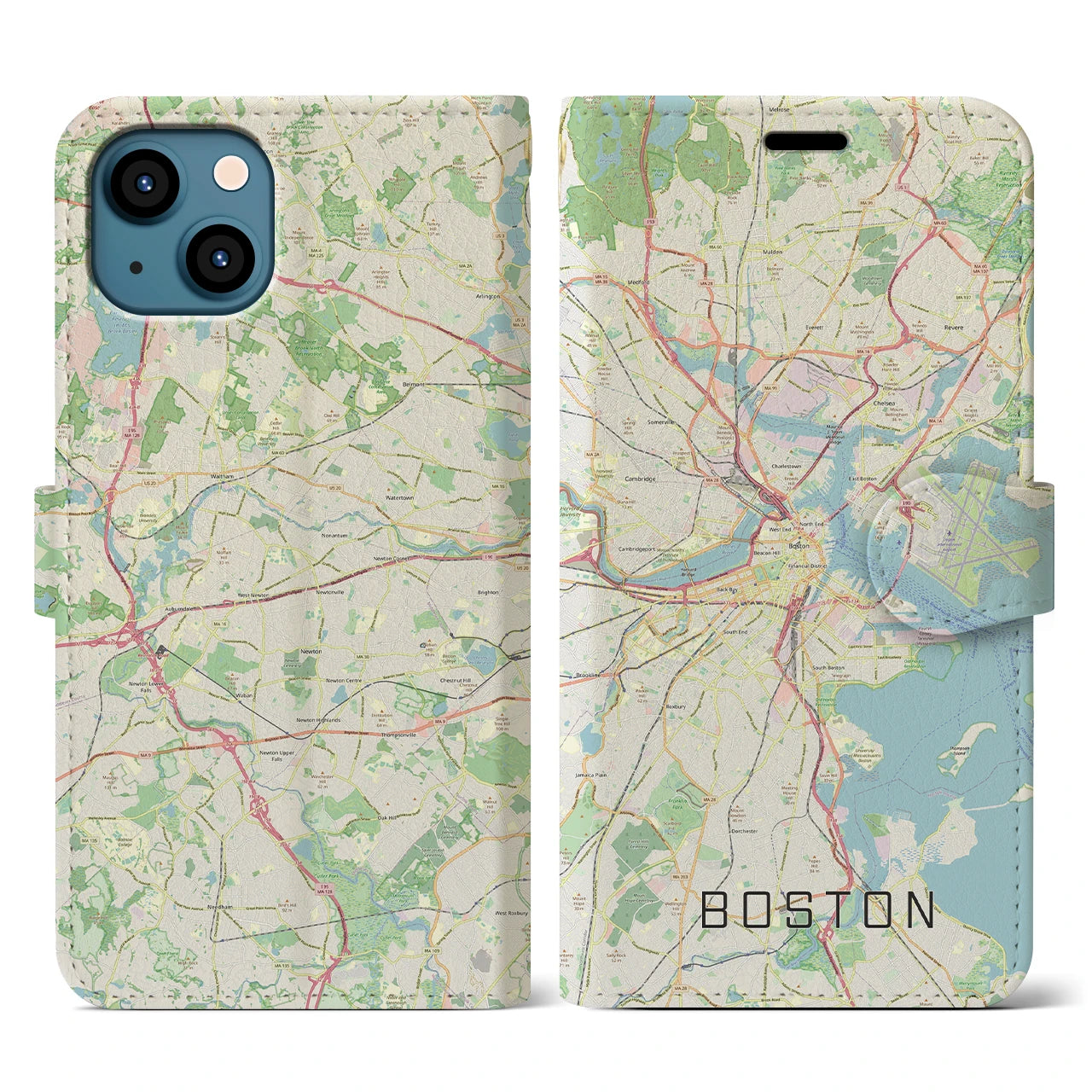 【ボストン】地図柄iPhoneケース（手帳両面タイプ・ナチュラル）iPhone 13 用