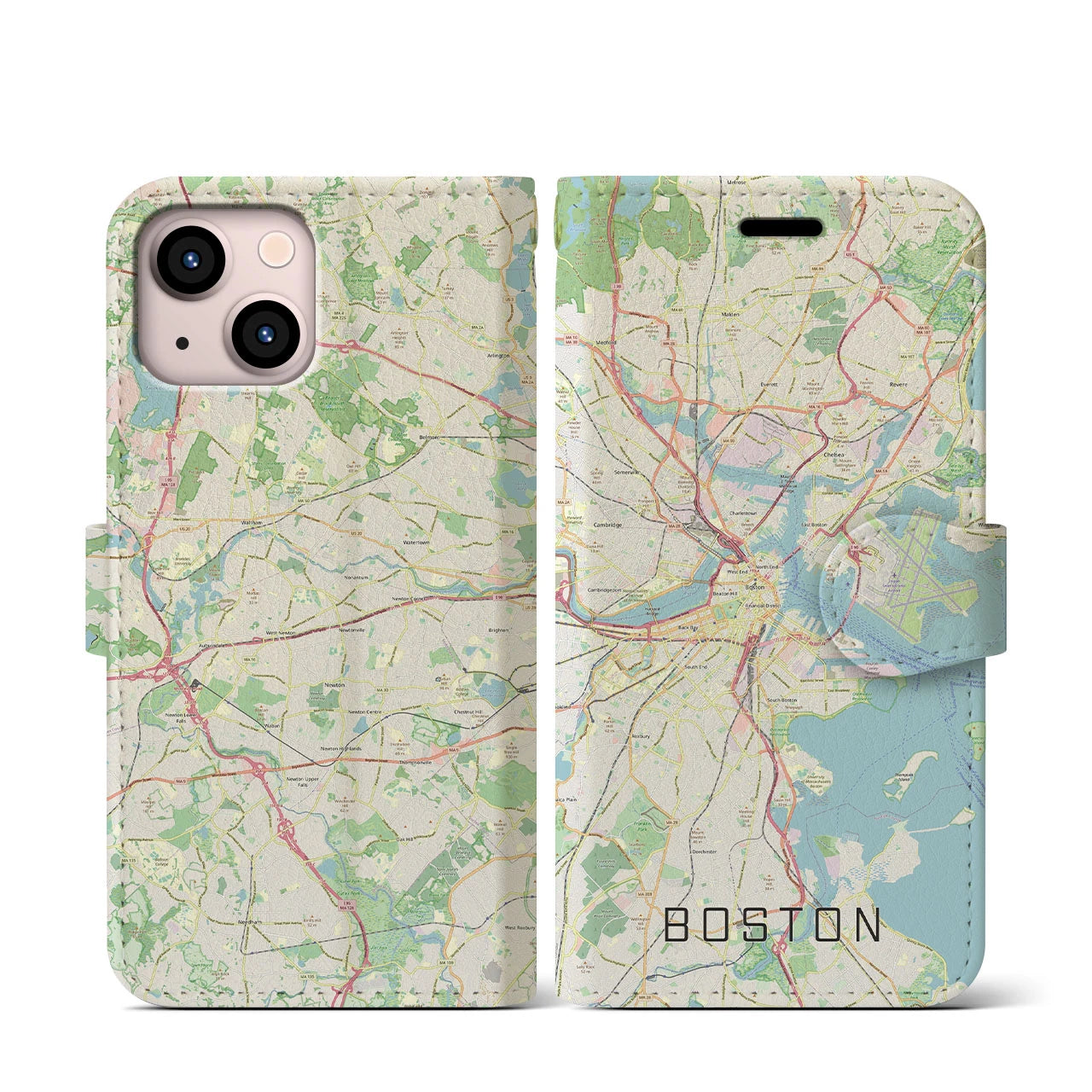 【ボストン】地図柄iPhoneケース（手帳両面タイプ・ナチュラル）iPhone 13 mini 用