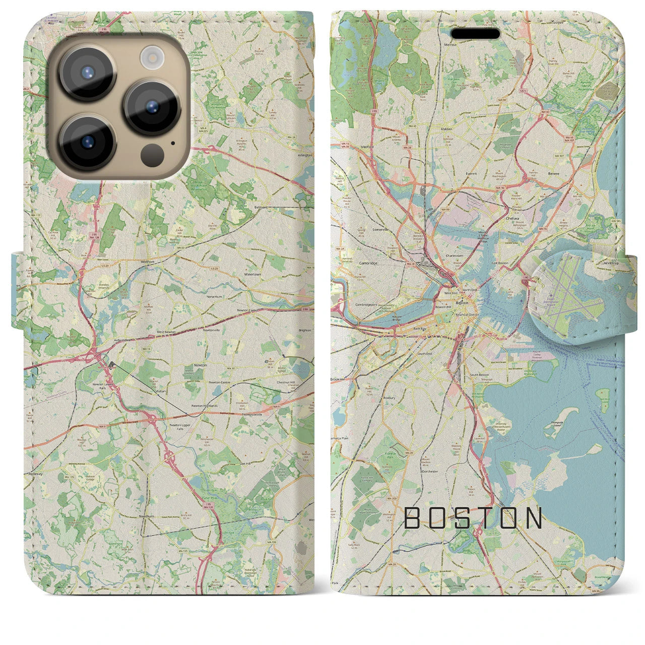 【ボストン】地図柄iPhoneケース（手帳両面タイプ・ナチュラル）iPhone 14 Pro Max 用