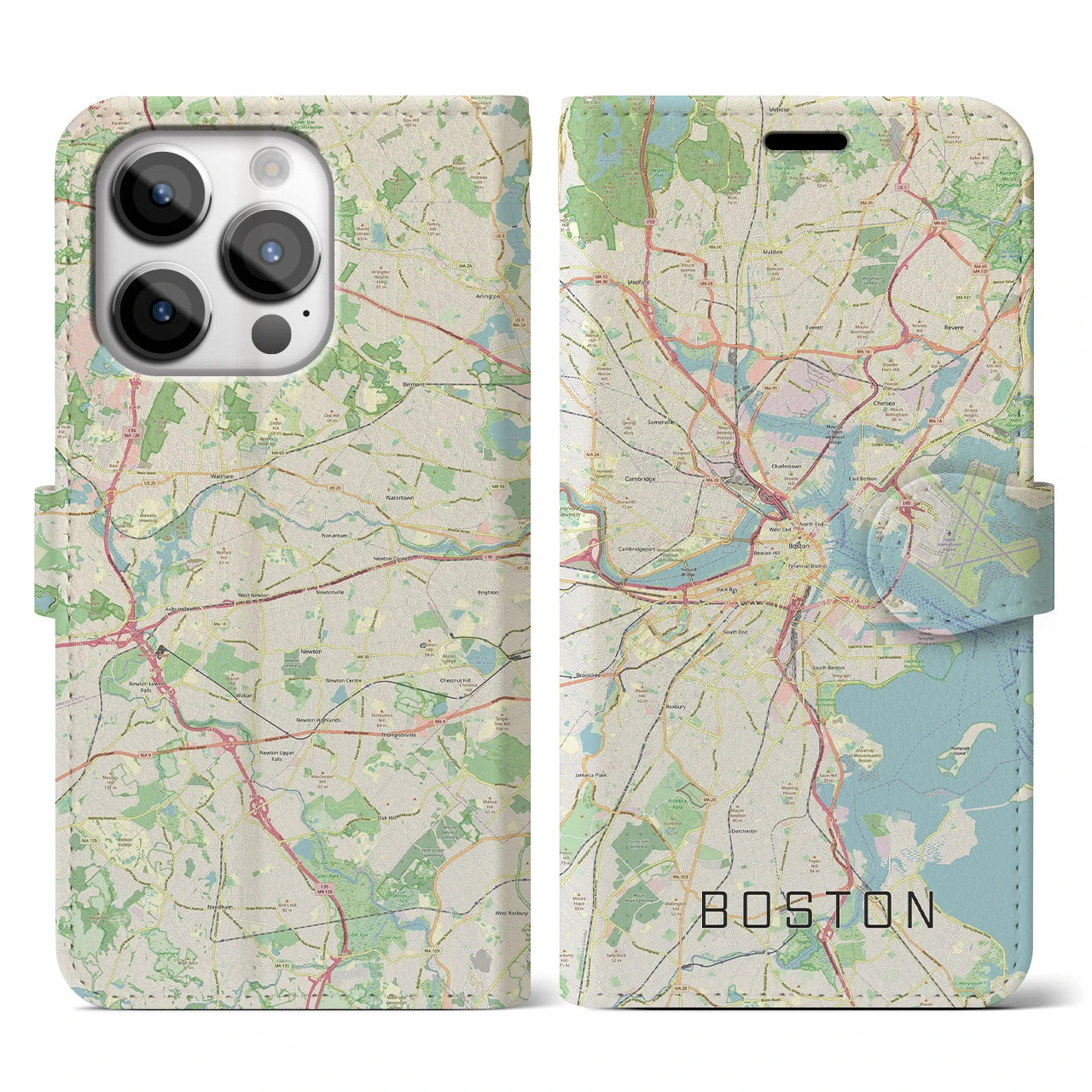 【ボストン】地図柄iPhoneケース（手帳両面タイプ・ナチュラル）iPhone 14 Pro 用