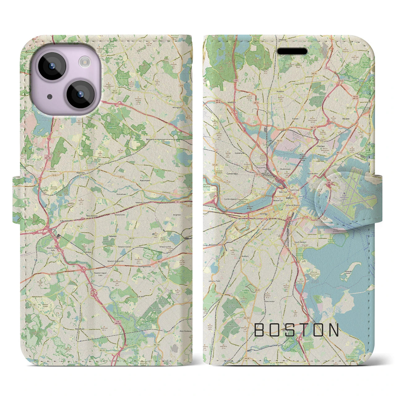 【ボストン】地図柄iPhoneケース（手帳両面タイプ・ナチュラル）iPhone 14 用