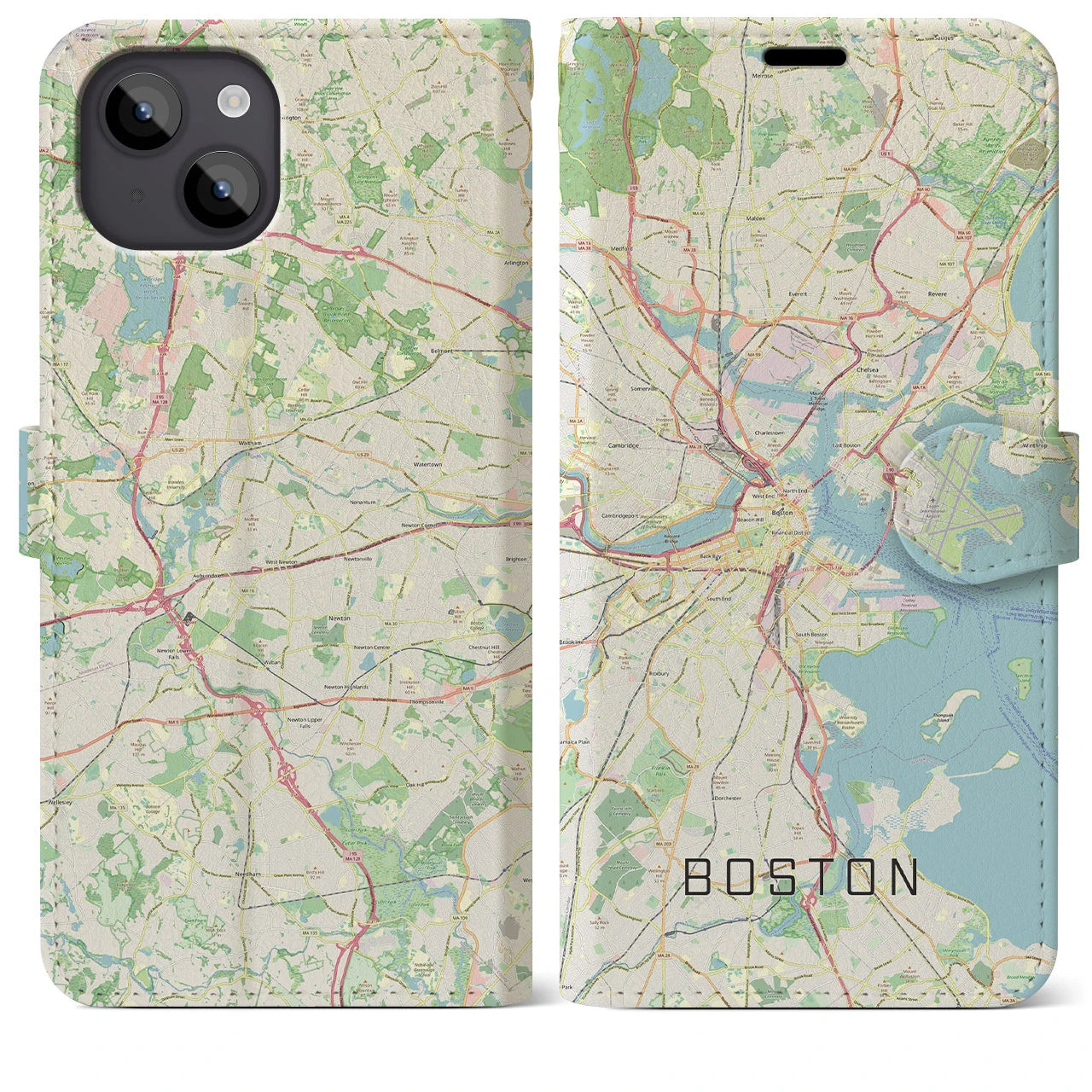 【ボストン】地図柄iPhoneケース（手帳両面タイプ・ナチュラル）iPhone 14 Plus 用