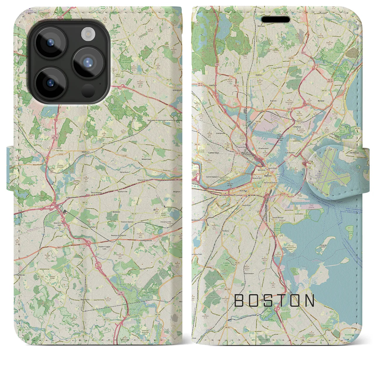 【ボストン】地図柄iPhoneケース（手帳両面タイプ・ナチュラル）iPhone 15 Pro Max 用