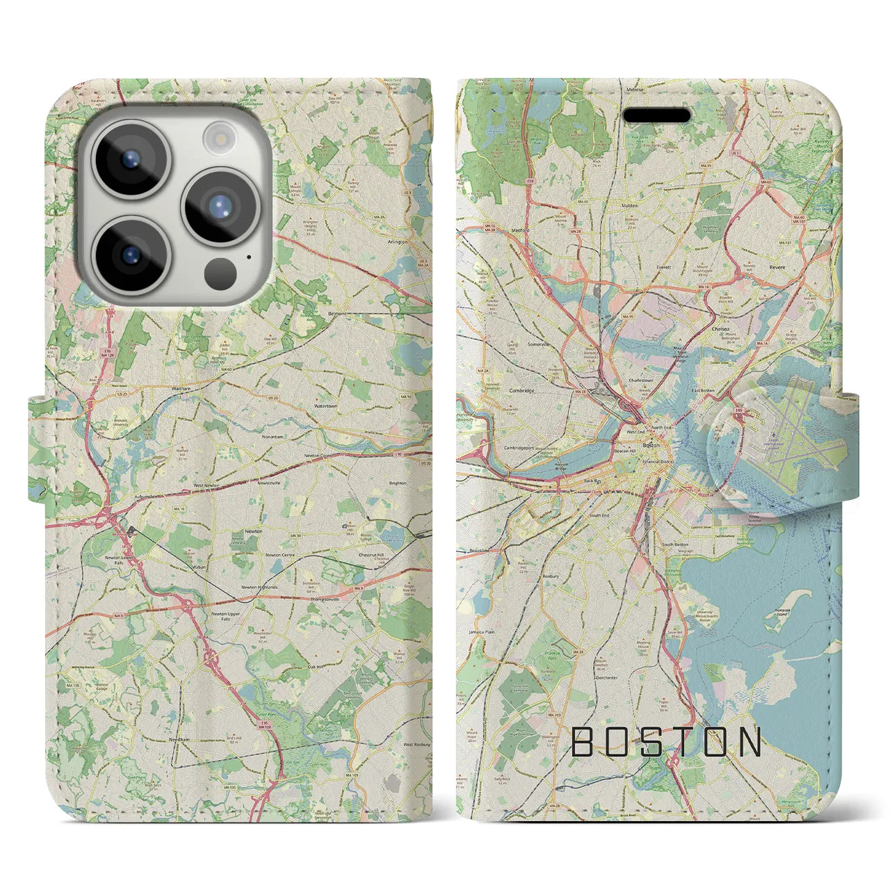 【ボストン】地図柄iPhoneケース（手帳両面タイプ・ナチュラル）iPhone 15 Pro 用