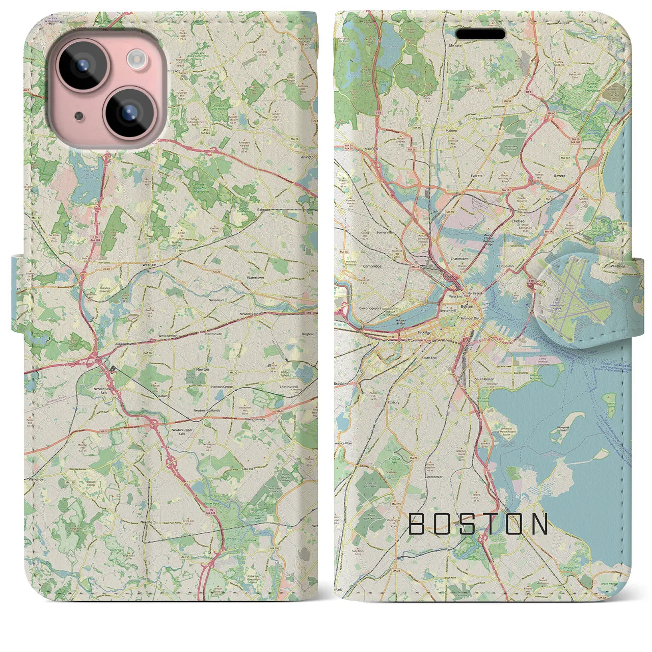 【ボストン】地図柄iPhoneケース（手帳両面タイプ・ナチュラル）iPhone 15 Plus 用