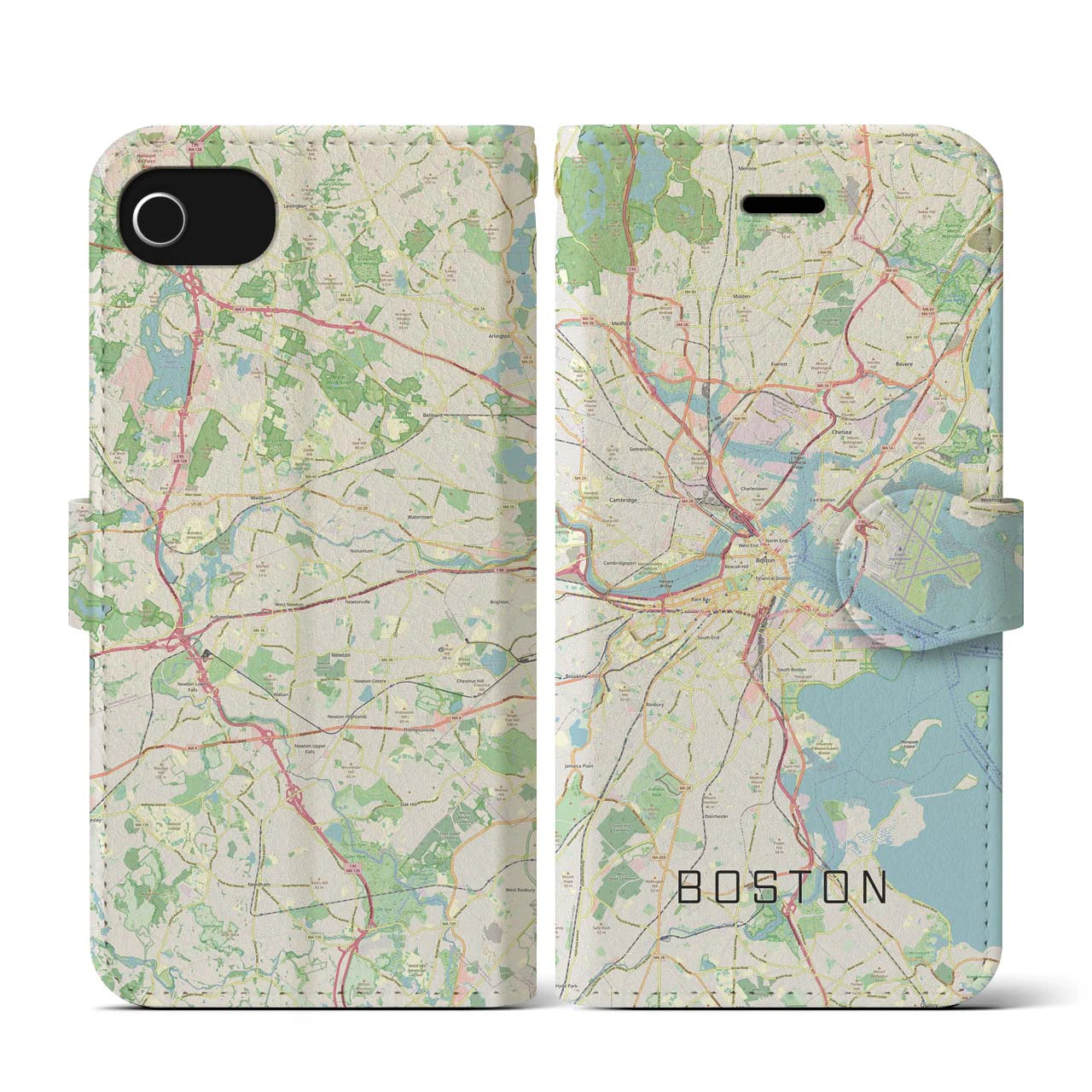 【ボストン】地図柄iPhoneケース（手帳両面タイプ・ナチュラル）iPhone SE（第3 / 第2世代） / 8 / 7 / 6s / 6 用